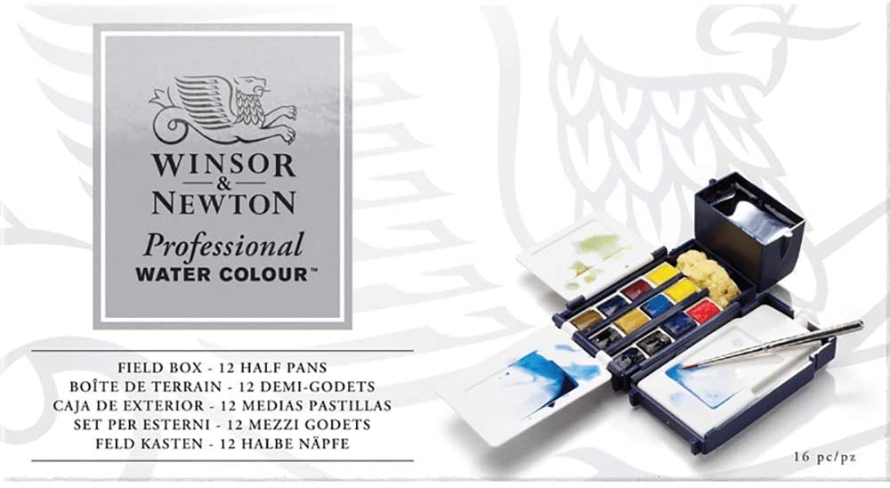 Winsor & Newton Profesional - Set caja de campo de 12 medio godets de acuarelas, multicolor